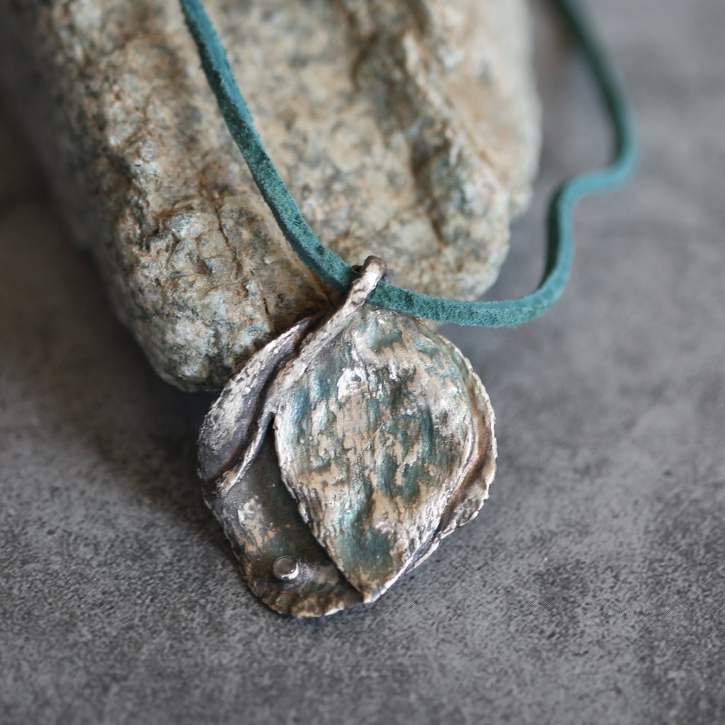 Fine Silver And Moonstone Eucalyptus Leaf Pendant On Adjustable Turquoise Leathe